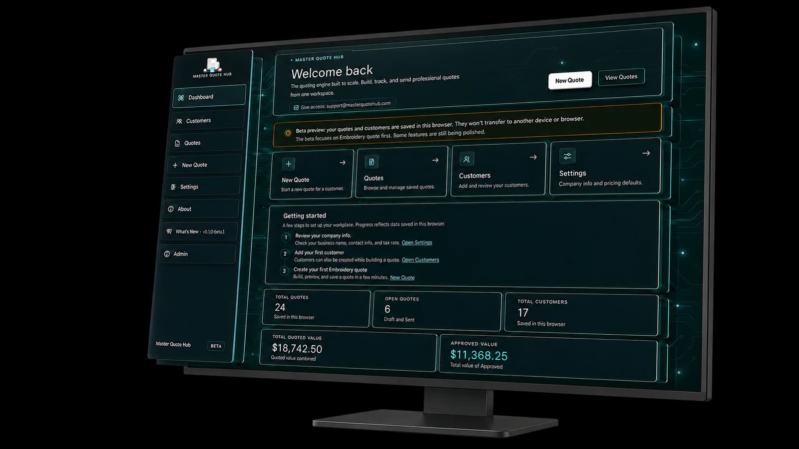 Master Quote Hub quoting dashboard displayed on a desktop monitor