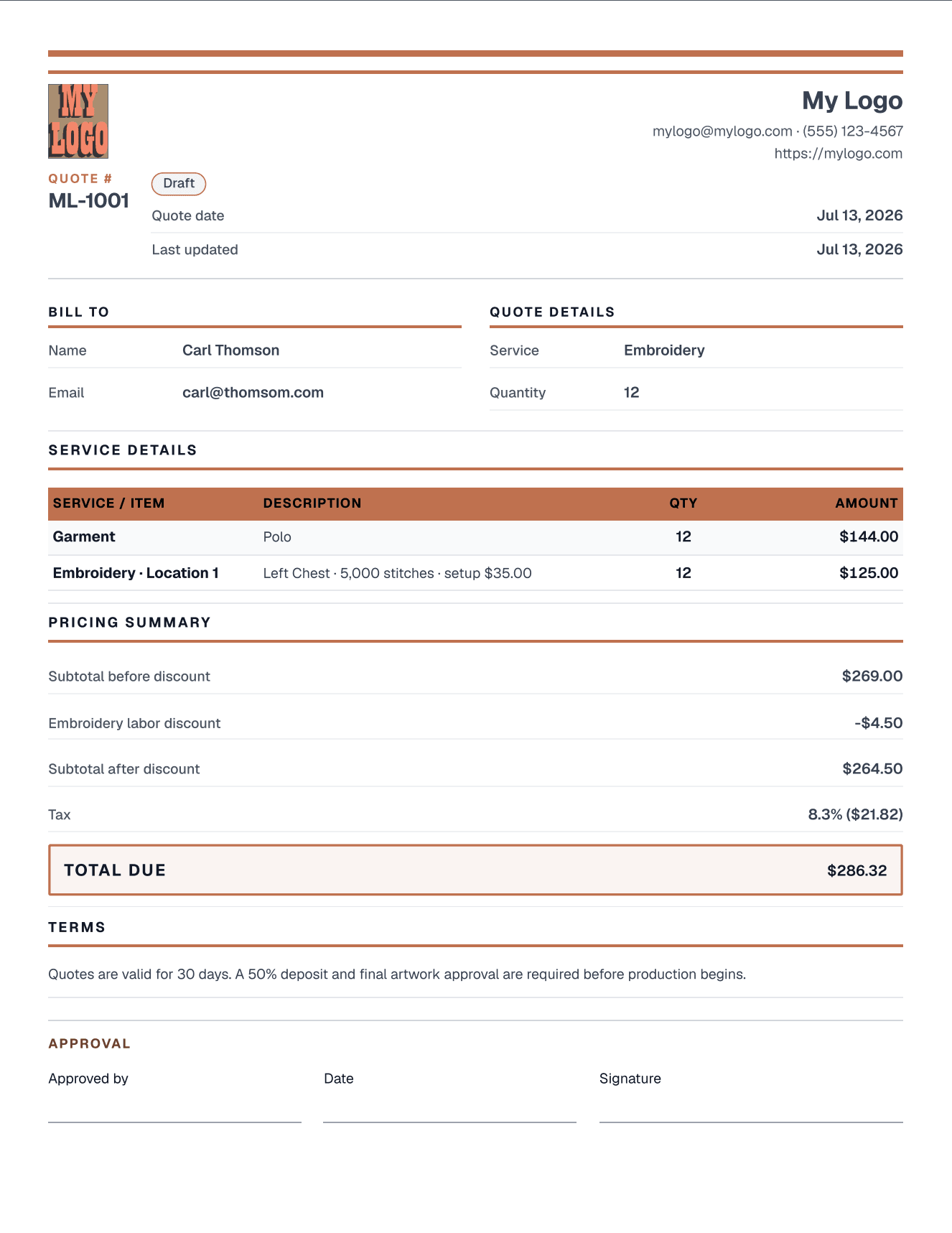 A sample embroidery quote produced by Master Quote Hub, including bill-to details, itemized service lines, a pricing summary, and the total due.